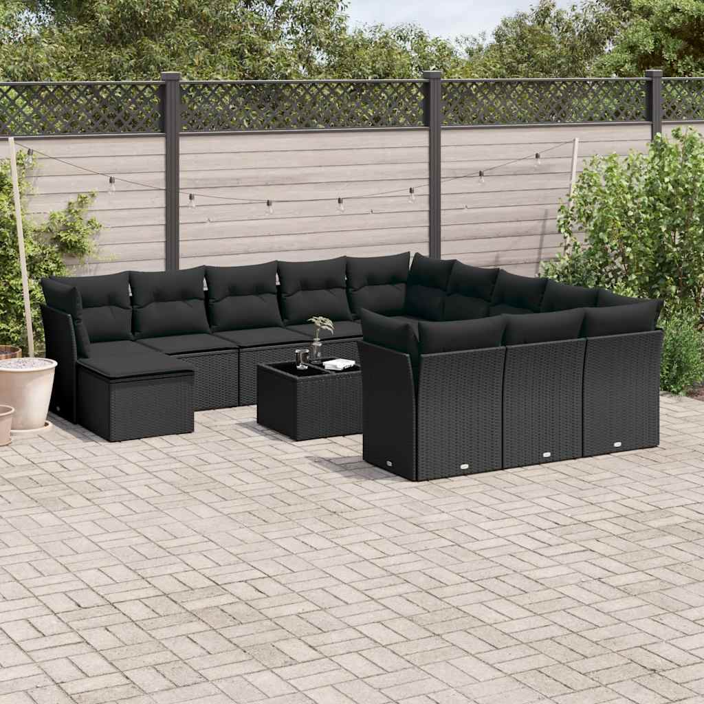 13 Pcs conjunto de sofás de jardim com almofadões vime PE preto