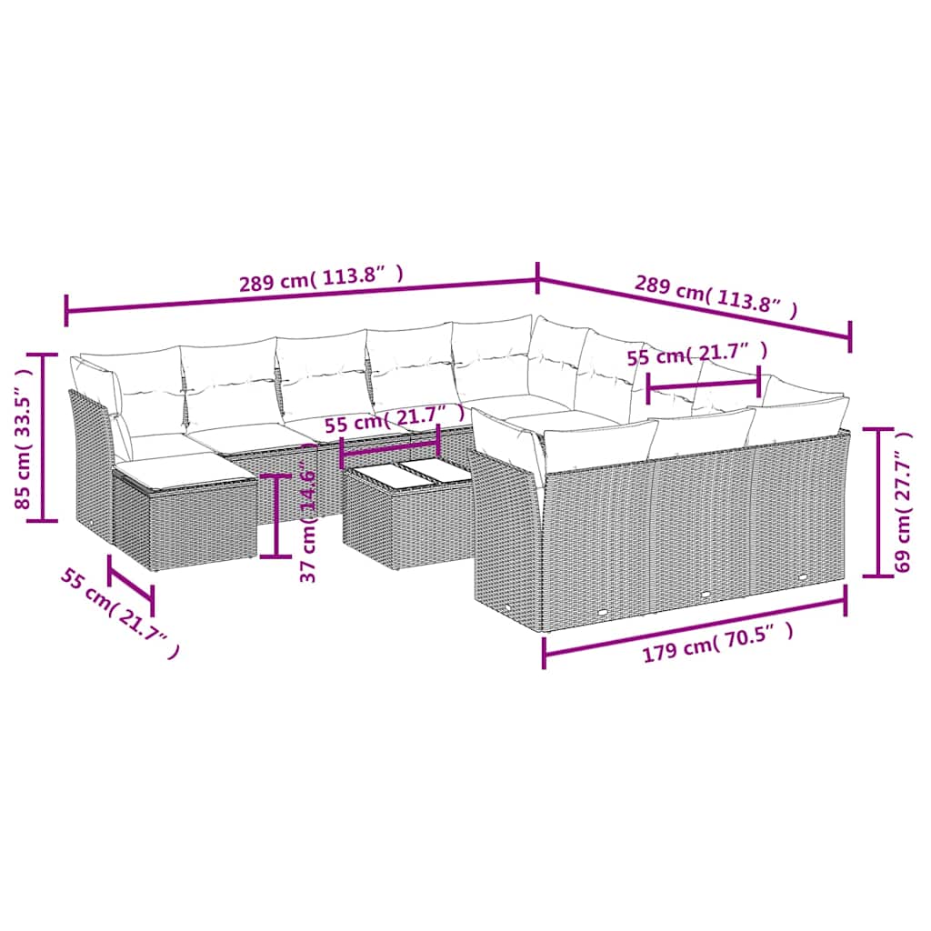 13 Pcs conjunto de sofás de jardim com almofadões vime PE preto