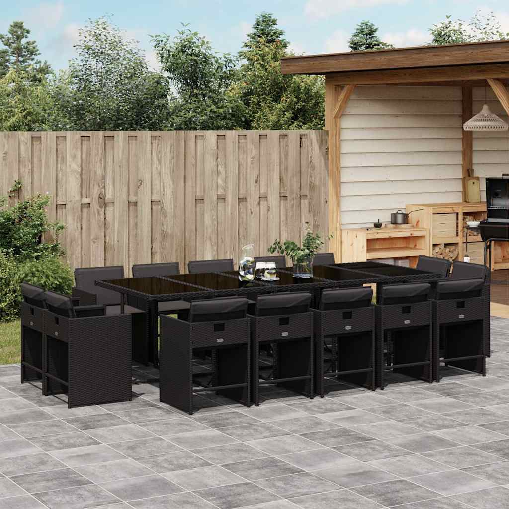 15 Pcs conjunto de jantar p/jardim com almofadões vime PE preto