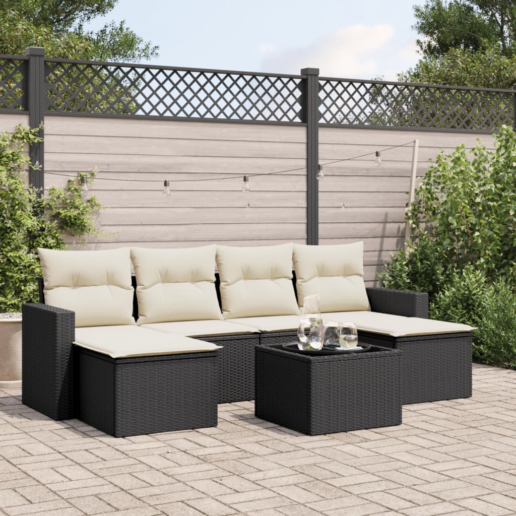 7 Pcs conjunto de sofás p/ jardim c/ almofadões vime PE preto