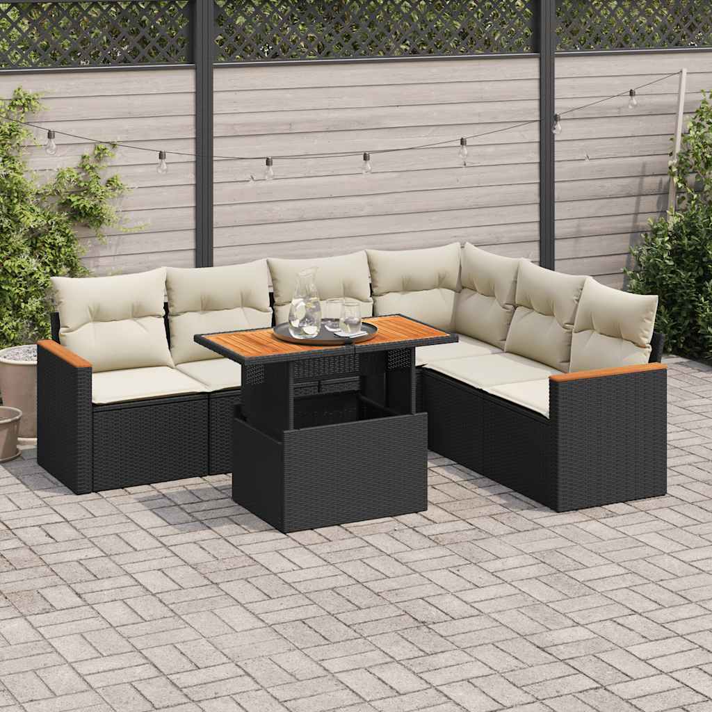 7 Pcs conjunto sofás jardim c/ almofadões vime PE/acácia preto
