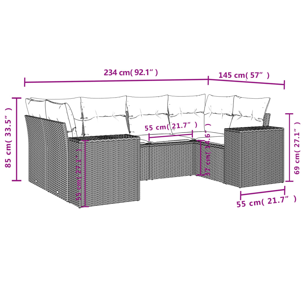 6 Pcs conjunto de sofás p/ jardim com almofadões vime PE bege