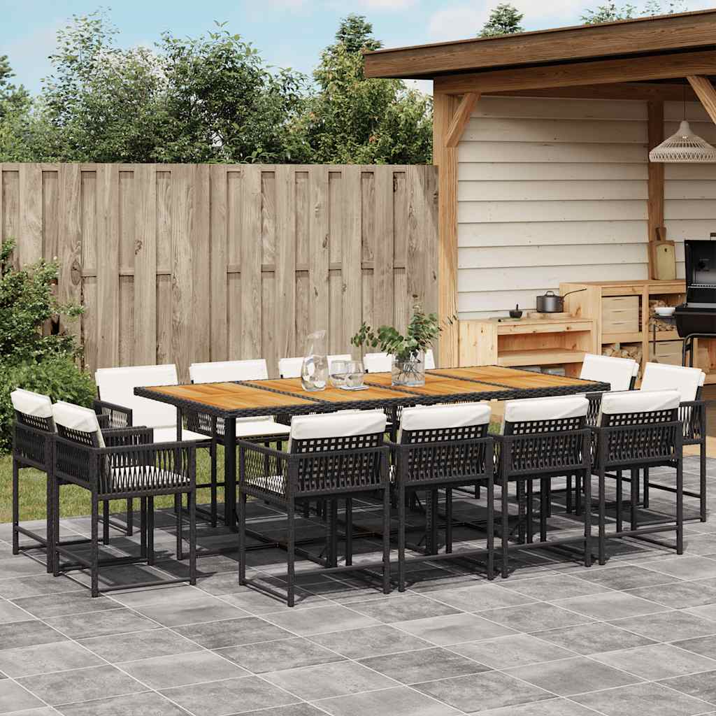 13 Pcs conjunto de jantar p/jardim com almofadões vime PE preto