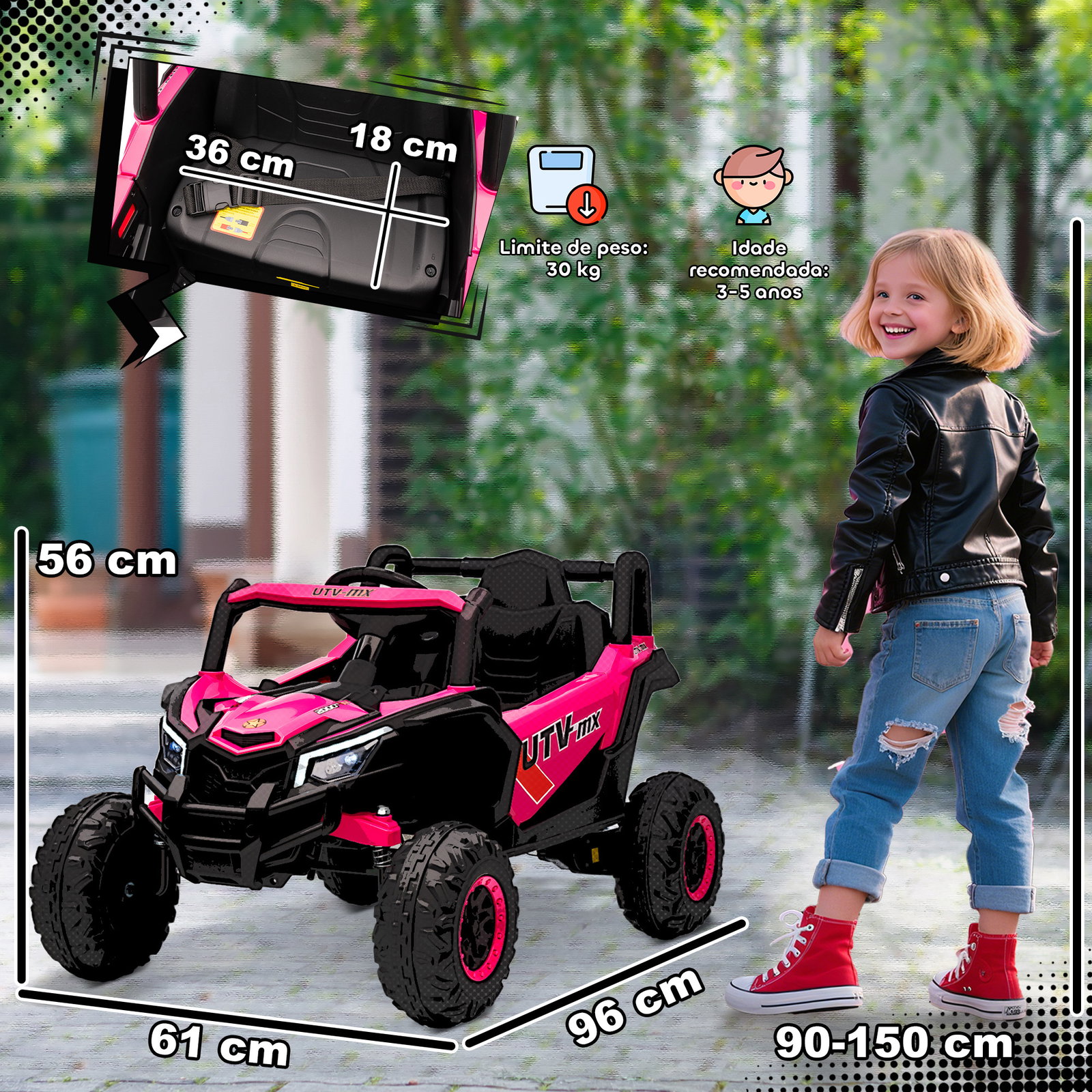 Carro elétrico para crianças 12v com 2 motores controlo remoto 2,4g velocidade até 7 km/h e USB 96x61x56 cm rosa