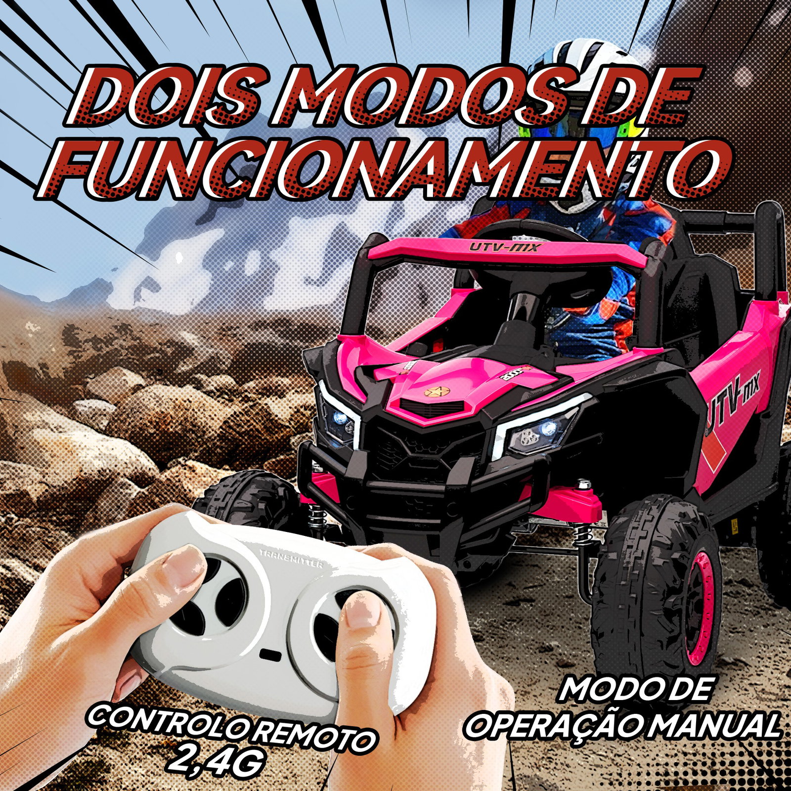 Carro elétrico para crianças 12v com 2 motores controlo remoto 2,4g velocidade até 7 km/h e USB 96x61x56 cm rosa