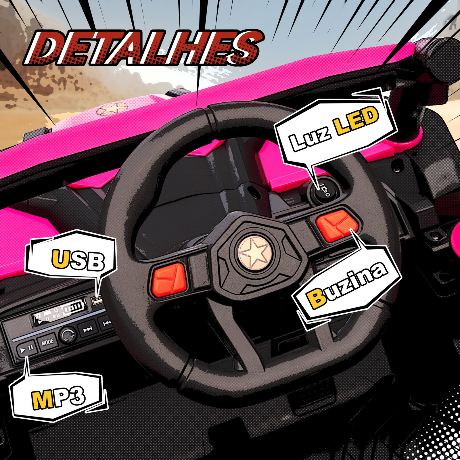 Carro elétrico para crianças 12v com 2 motores controlo remoto 2,4g velocidade até 7 km/h e USB 96x61x56 cm rosa