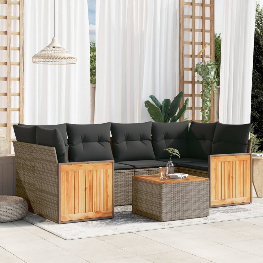 7 Pcs conjunto sofás p/ jardim c/ almofadões vime PE cinzento