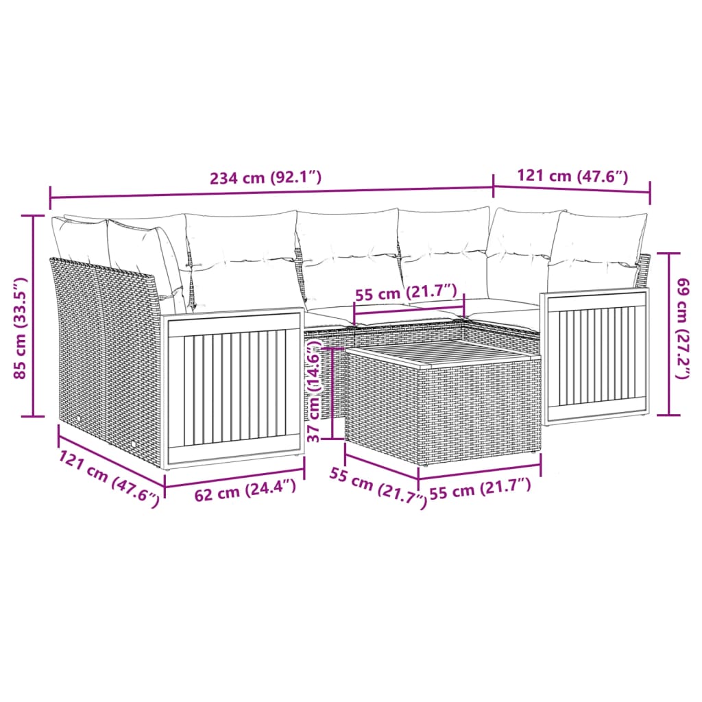 7 Pcs conjunto sofás p/ jardim c/ almofadões vime PE cinzento