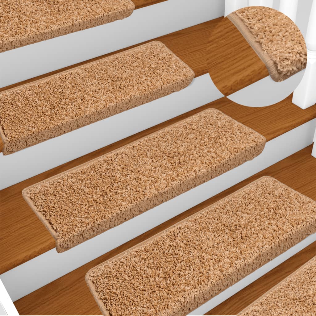 Tapetes de escada 15 peças 65x21x4 cm bege com borda retangular