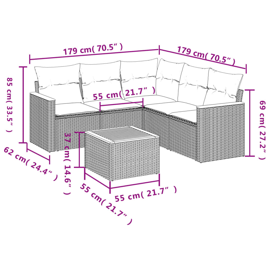 6 Pcs conjunto sofás de jardim com almofadões vime cinzento