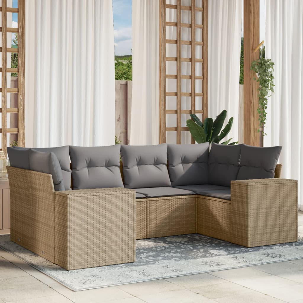 6 Pcs conjunto de sofás p/ jardim com almofadões vime PE bege