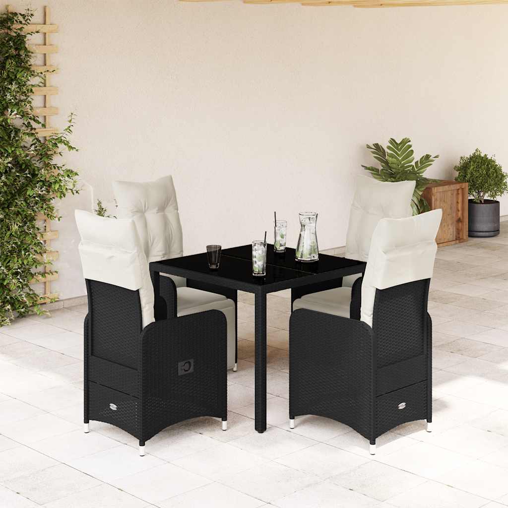 5 Pcs conjunto bistrô de jardim c/ almofadões vime PE preto