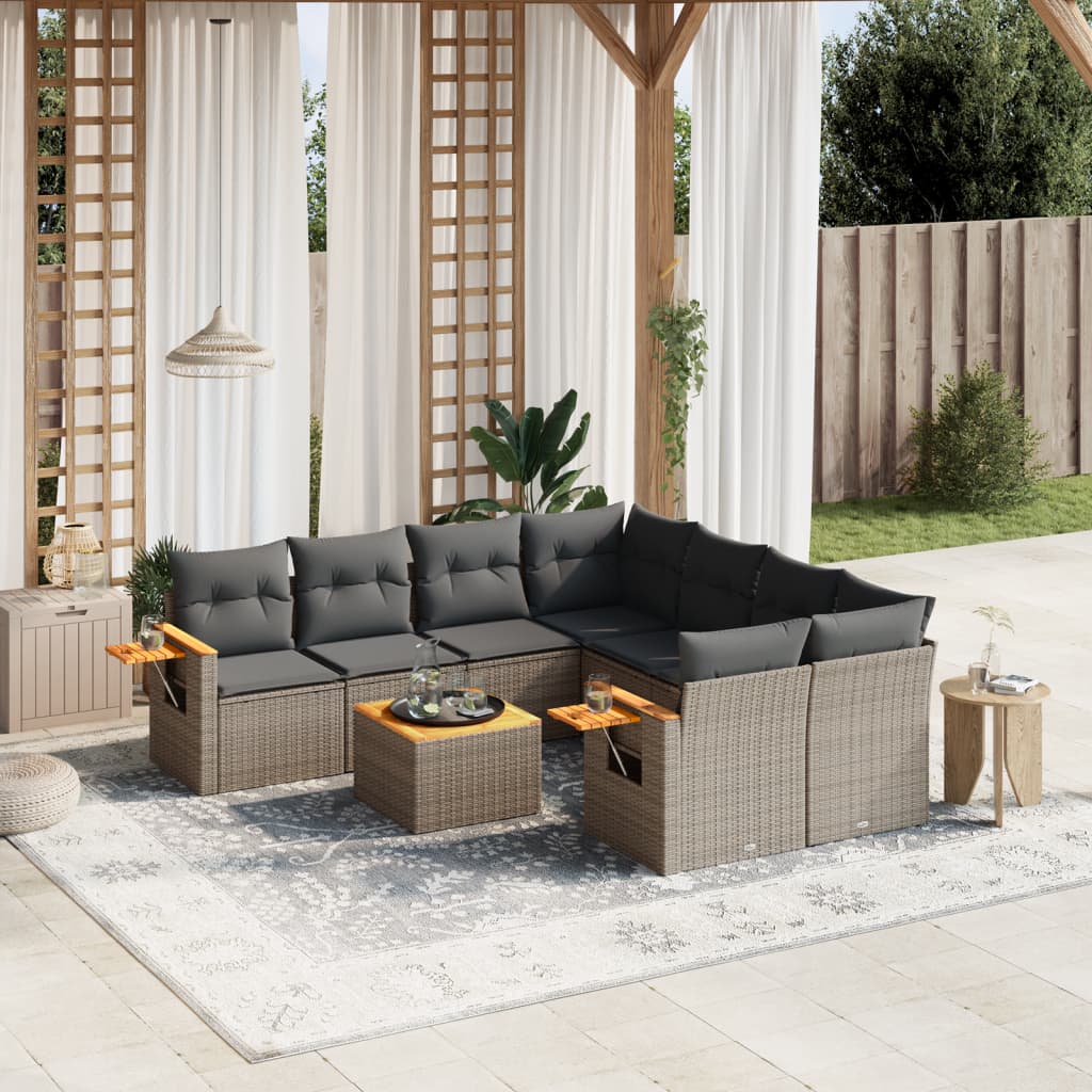 9 Pcs conjunto sofás p/ jardim com almofadões vime PE cinzento