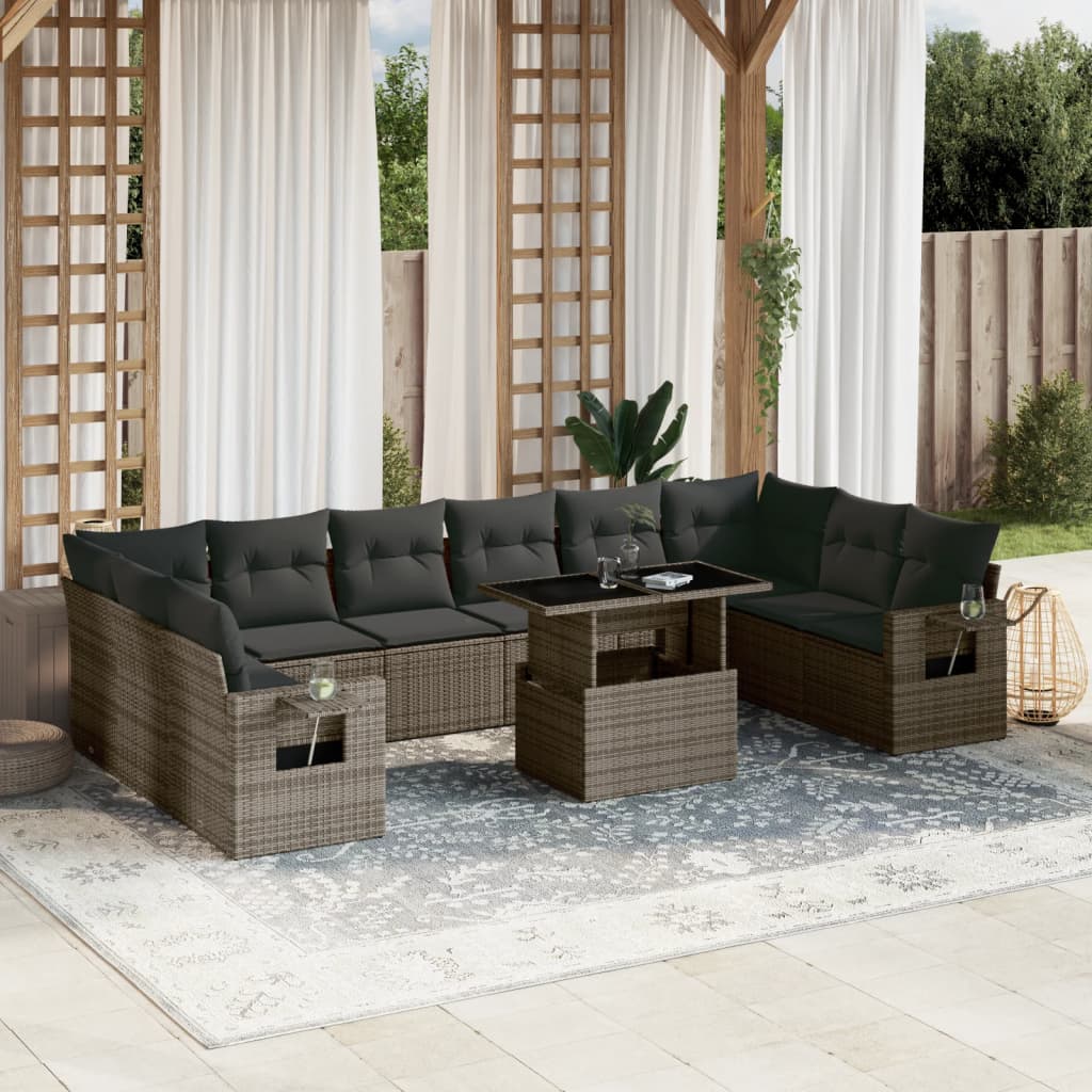11 Pcs conjunto sofás de jardim c/ almofadões vime PE cinzento