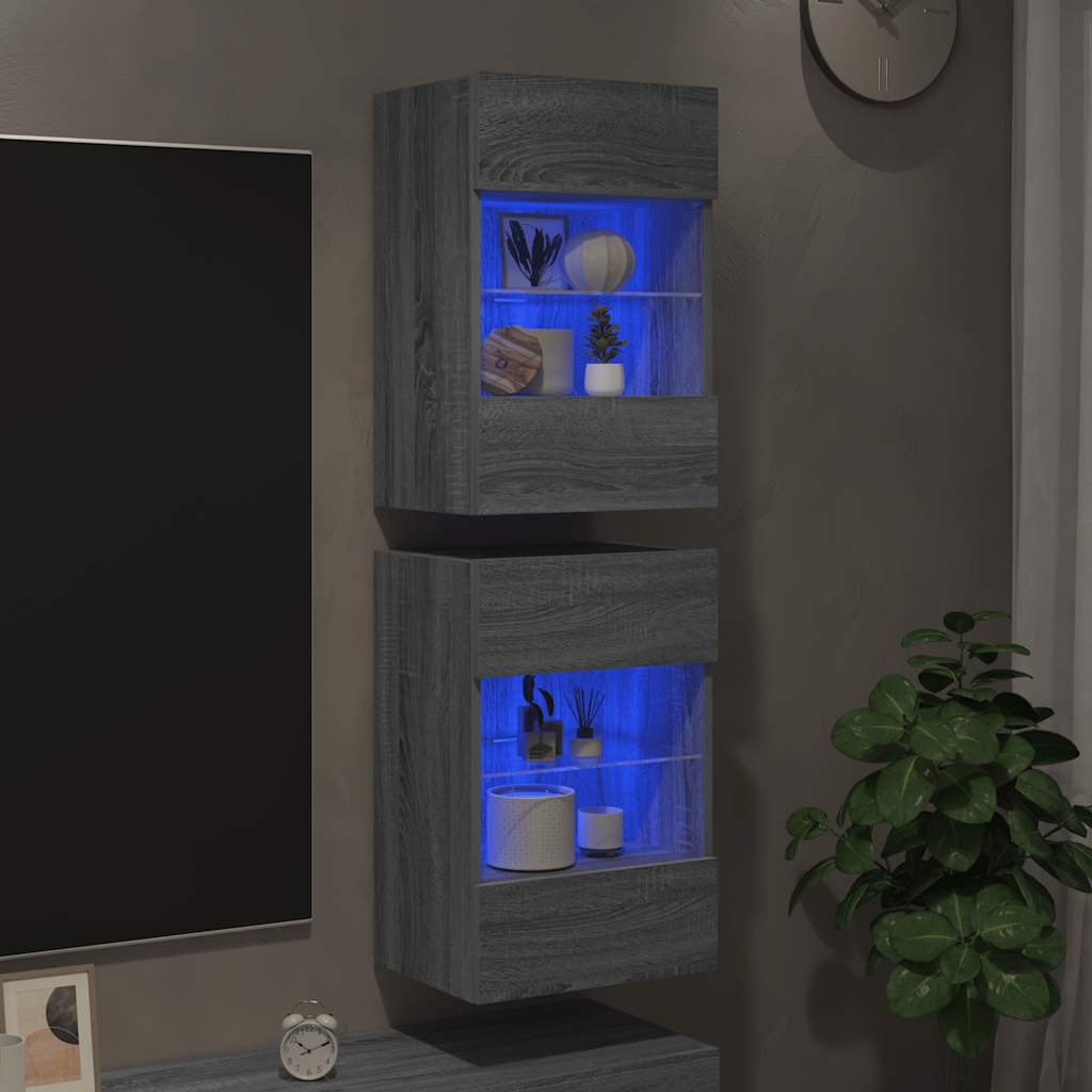 Armários de parede com luzes LED para TV 2 pcs cinzento sonoma