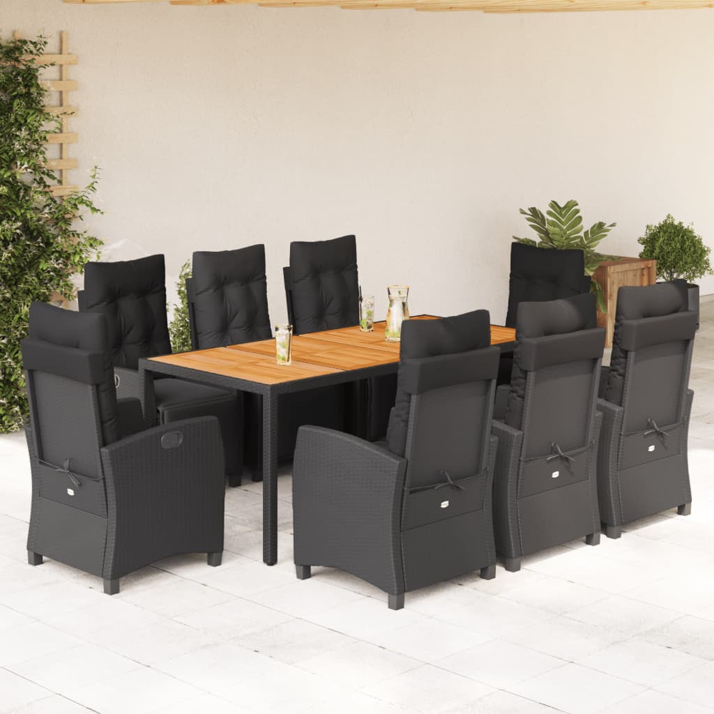 9 Pcs conjunto de jantar p/ jardim c/ almofadões vime PE preto