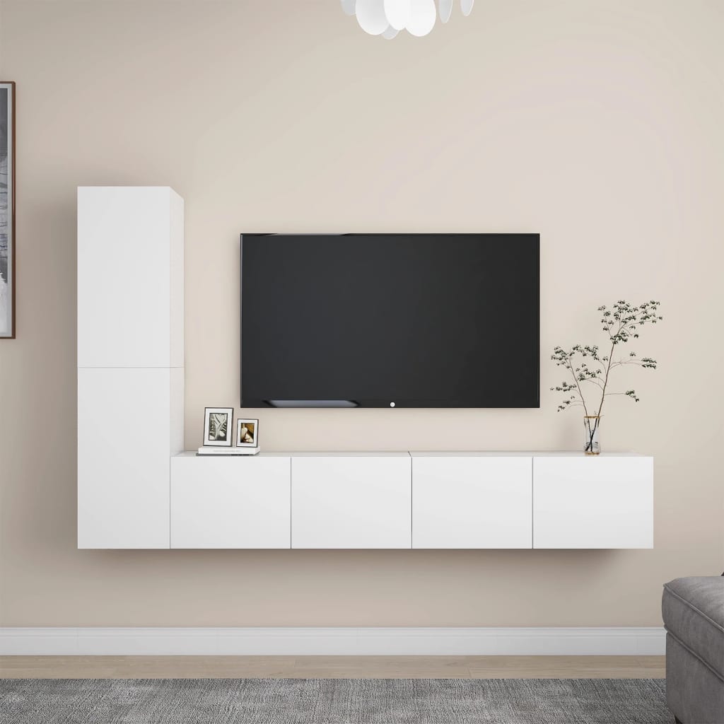 4 Pcs conjunto de móveis de TV derivados de madeira branco