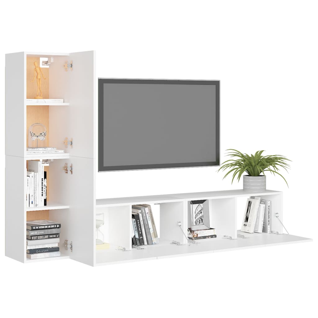 4 Pcs conjunto de móveis de TV derivados de madeira branco