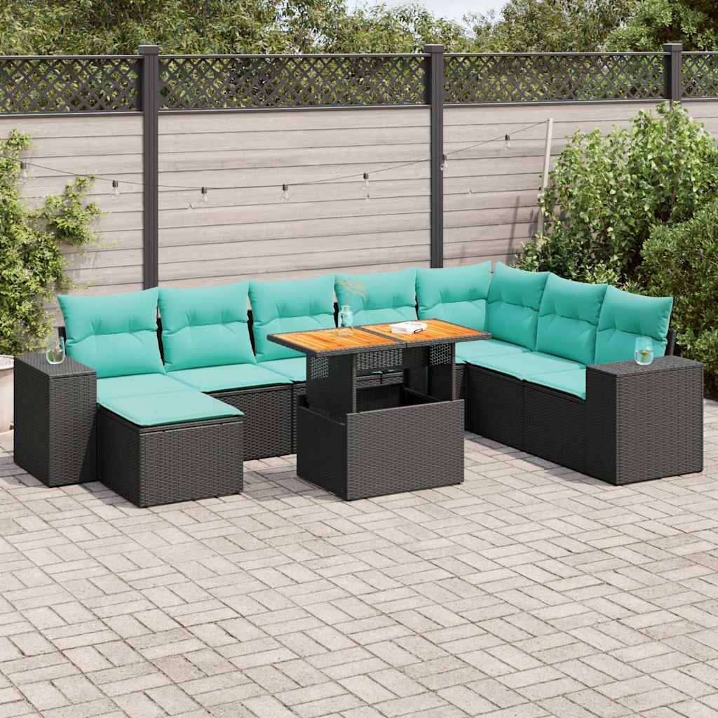9 Pcs conjunto de sofás p/ jardim c/ almofadões vime PE preto