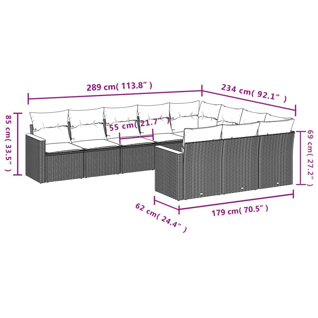 10 Pcs conjunto sofás de jardim c/ almofadões vime PE preto