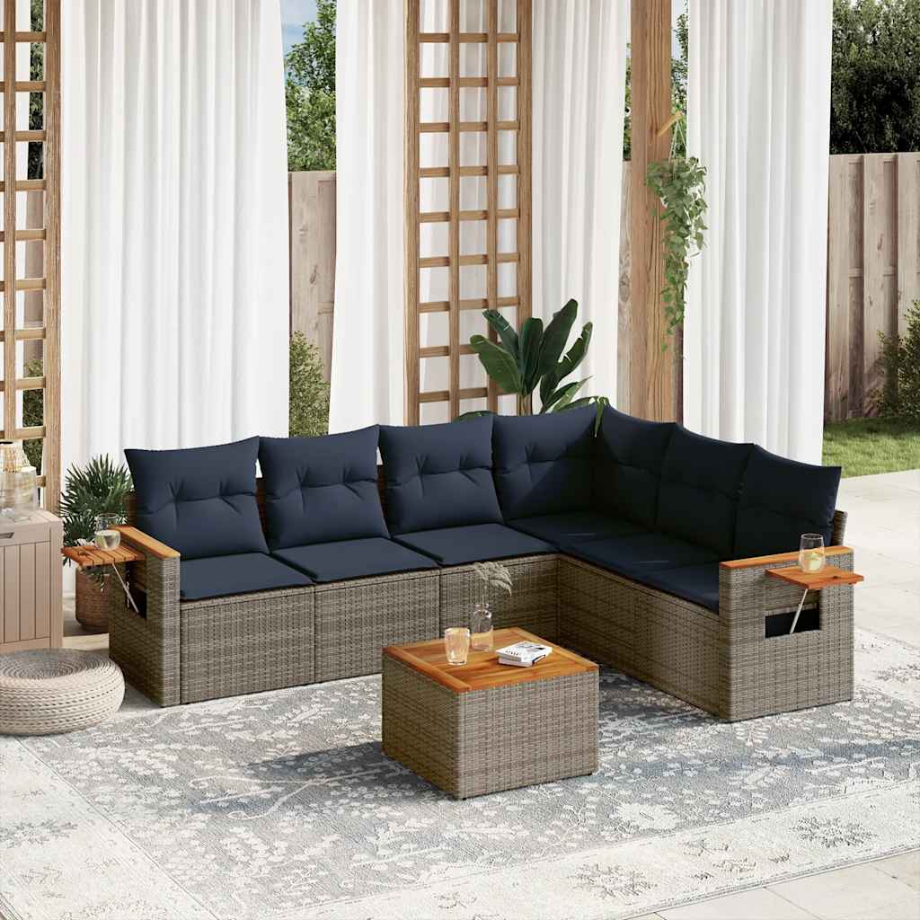 7 Pcs conjunto sofás p/ jardim c/ almofadões vime PE cinzento