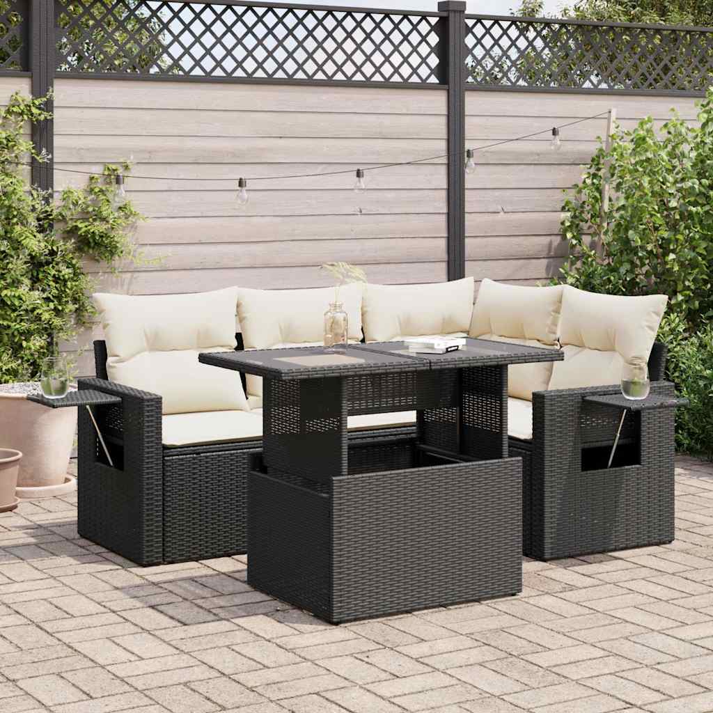 5 Pcs conjunto sofás de jardim com almofadões vime PE preto