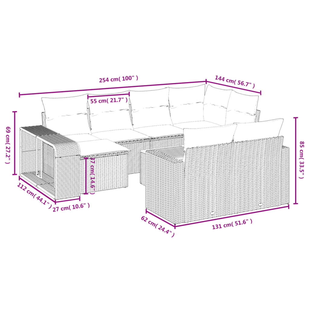 11 Pcs conjunto sofás de jardim c/ almofadões vime PE preto