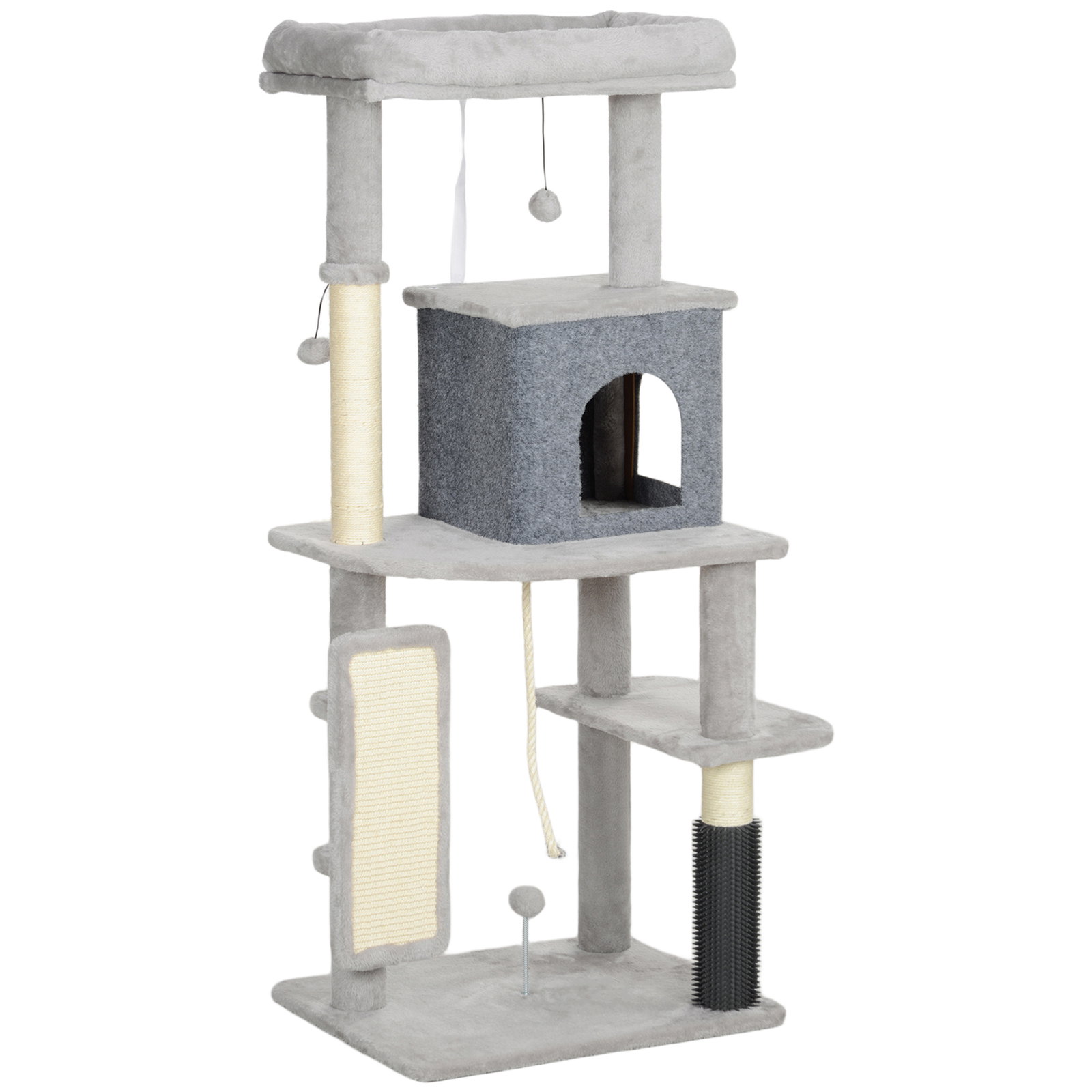 Arranhador para gatos grande altura 132 cm com plataformas postes com escova bolas suspensas e almofadas para arranhar cinza