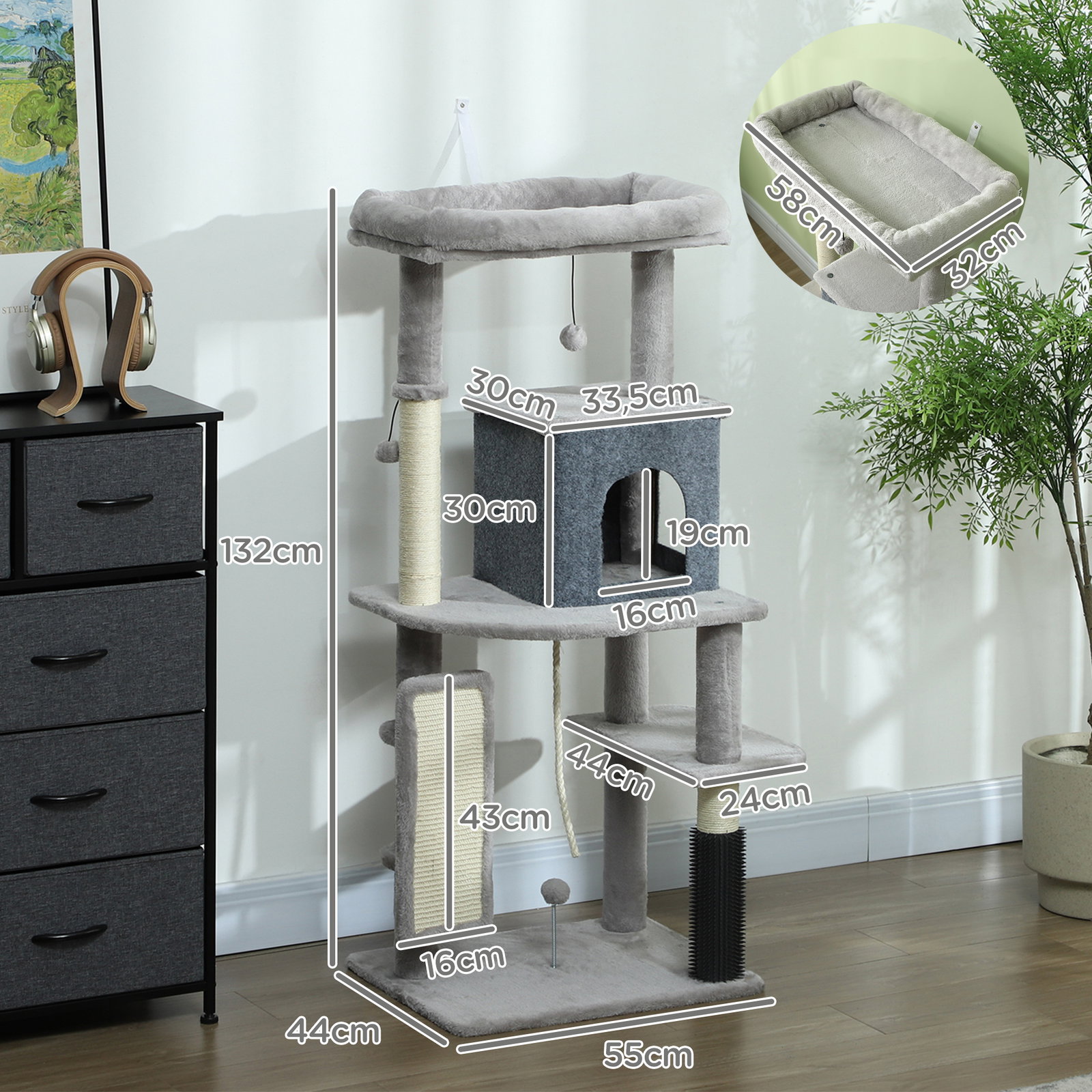 Arranhador para gatos grande altura 132 cm com plataformas postes com escova bolas suspensas e almofadas para arranhar cinza