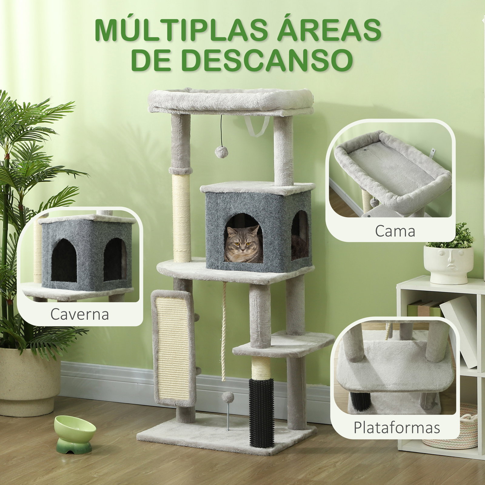 Arranhador para gatos grande altura 132 cm com plataformas postes com escova bolas suspensas e almofadas para arranhar cinza