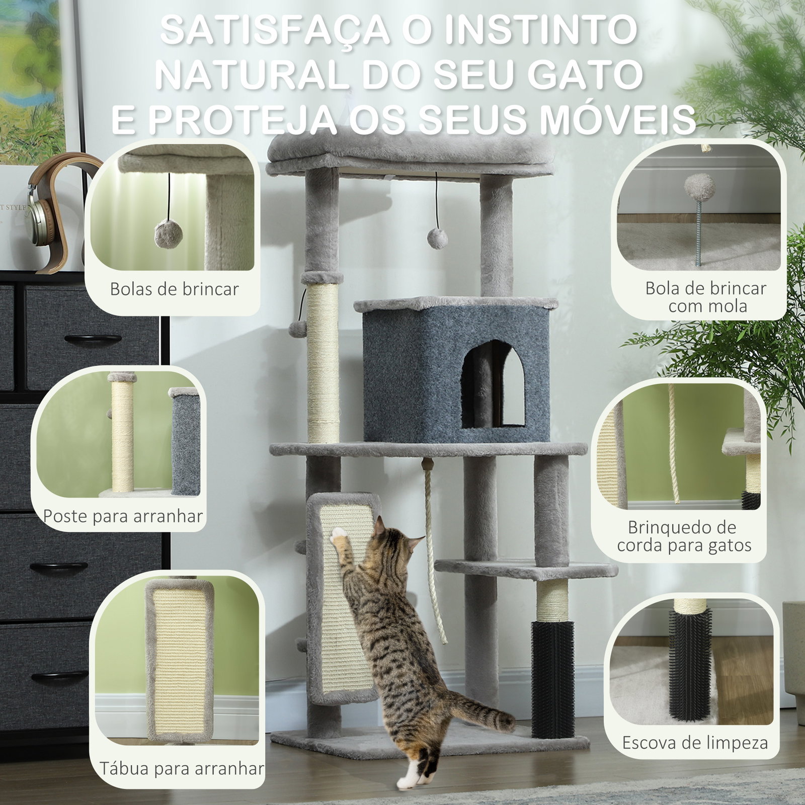 Arranhador para gatos grande altura 132 cm com plataformas postes com escova bolas suspensas e almofadas para arranhar cinza
