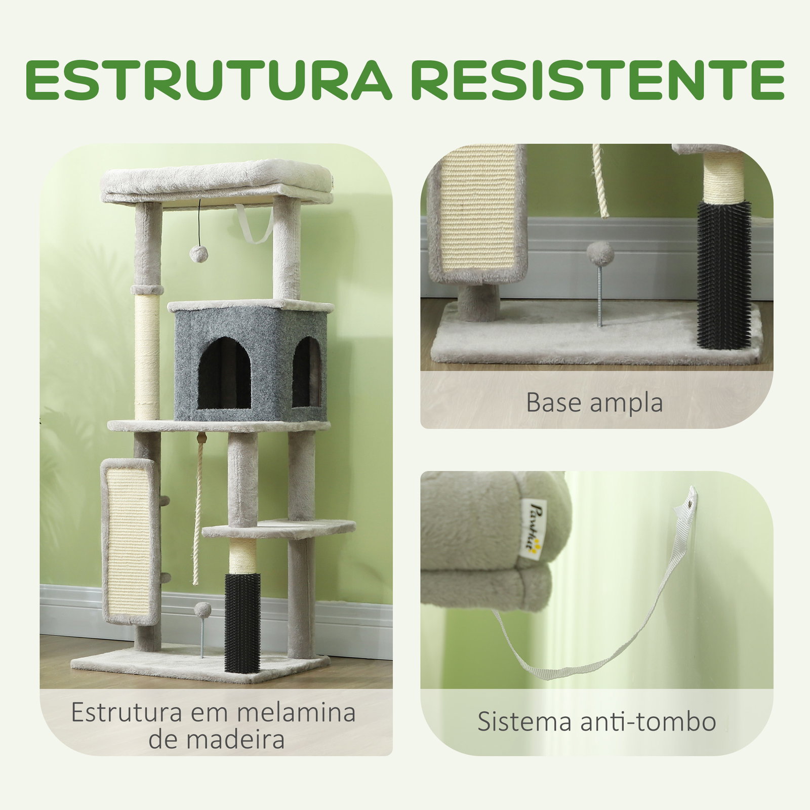 Arranhador para gatos grande altura 132 cm com plataformas postes com escova bolas suspensas e almofadas para arranhar cinza
