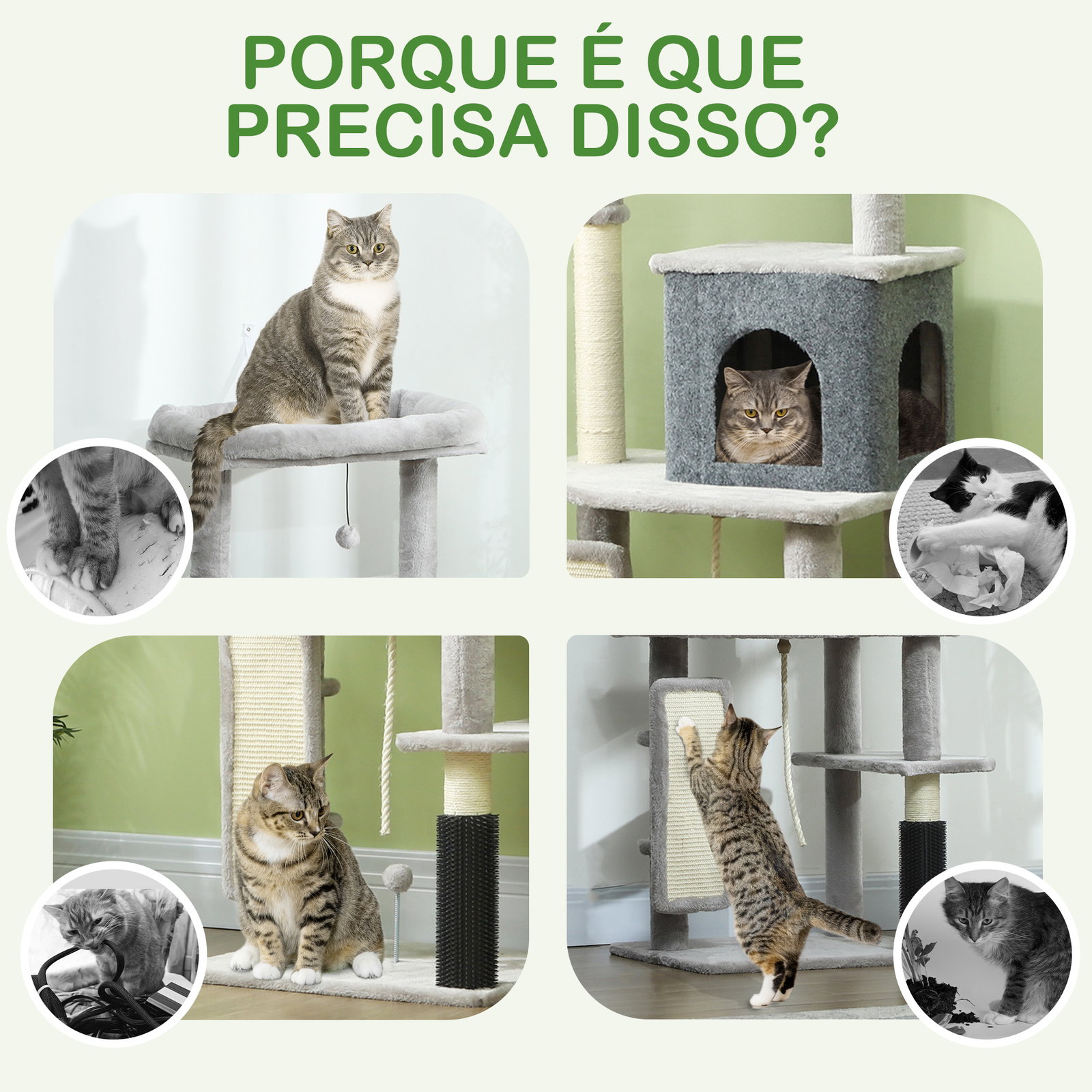 Arranhador para gatos grande altura 132 cm com plataformas postes com escova bolas suspensas e almofadas para arranhar cinza