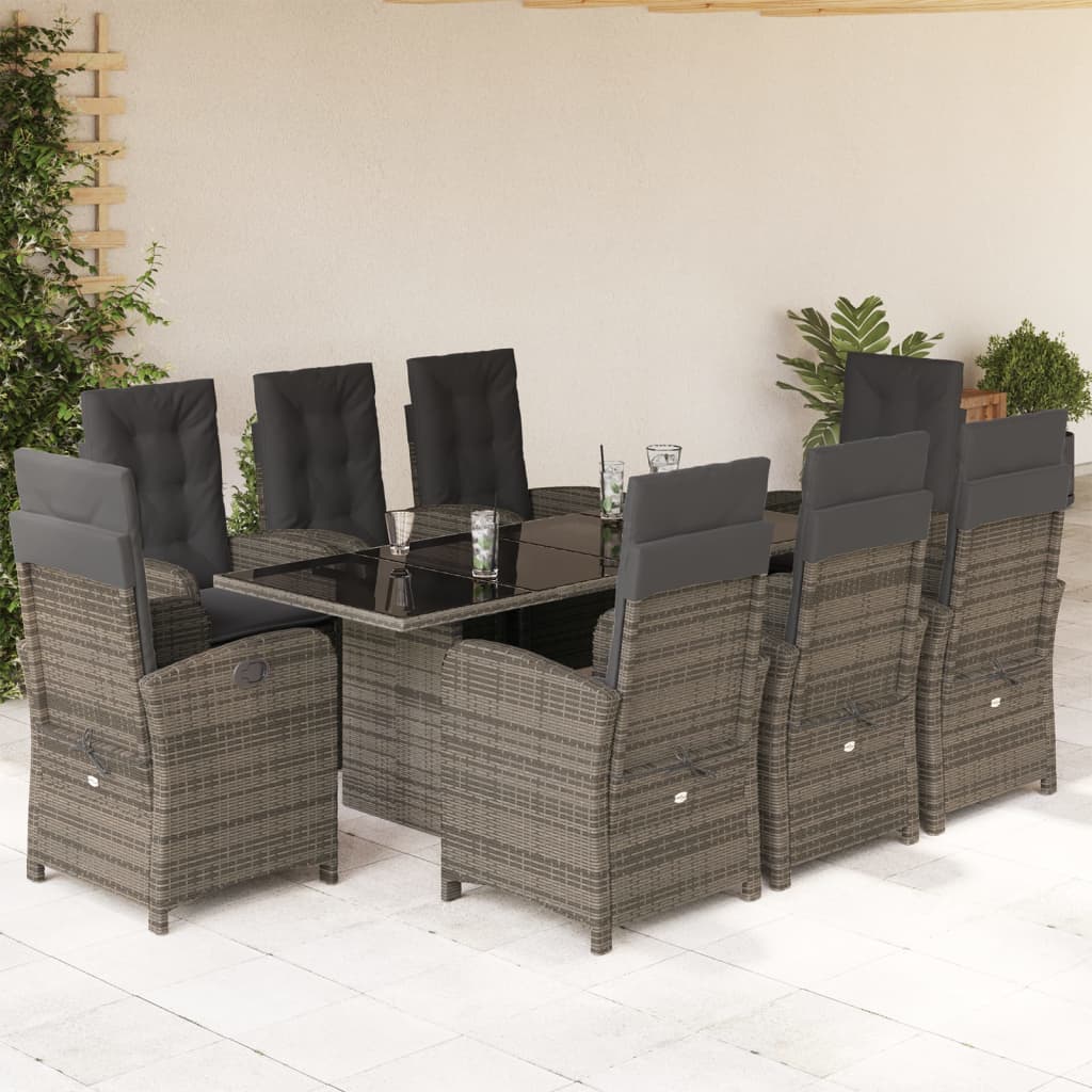 9 Pcs conjunto de jantar p/ jardim c/ almofadões vime PE cinza