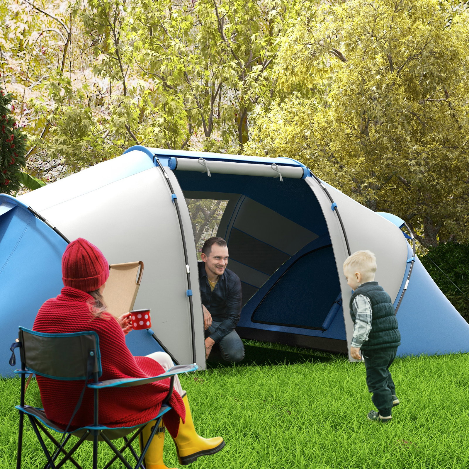 Tenda de campismo familiar para 4 pessoas tenda dobrável impermeável para praia parque 430x240x170 cm azul e branco