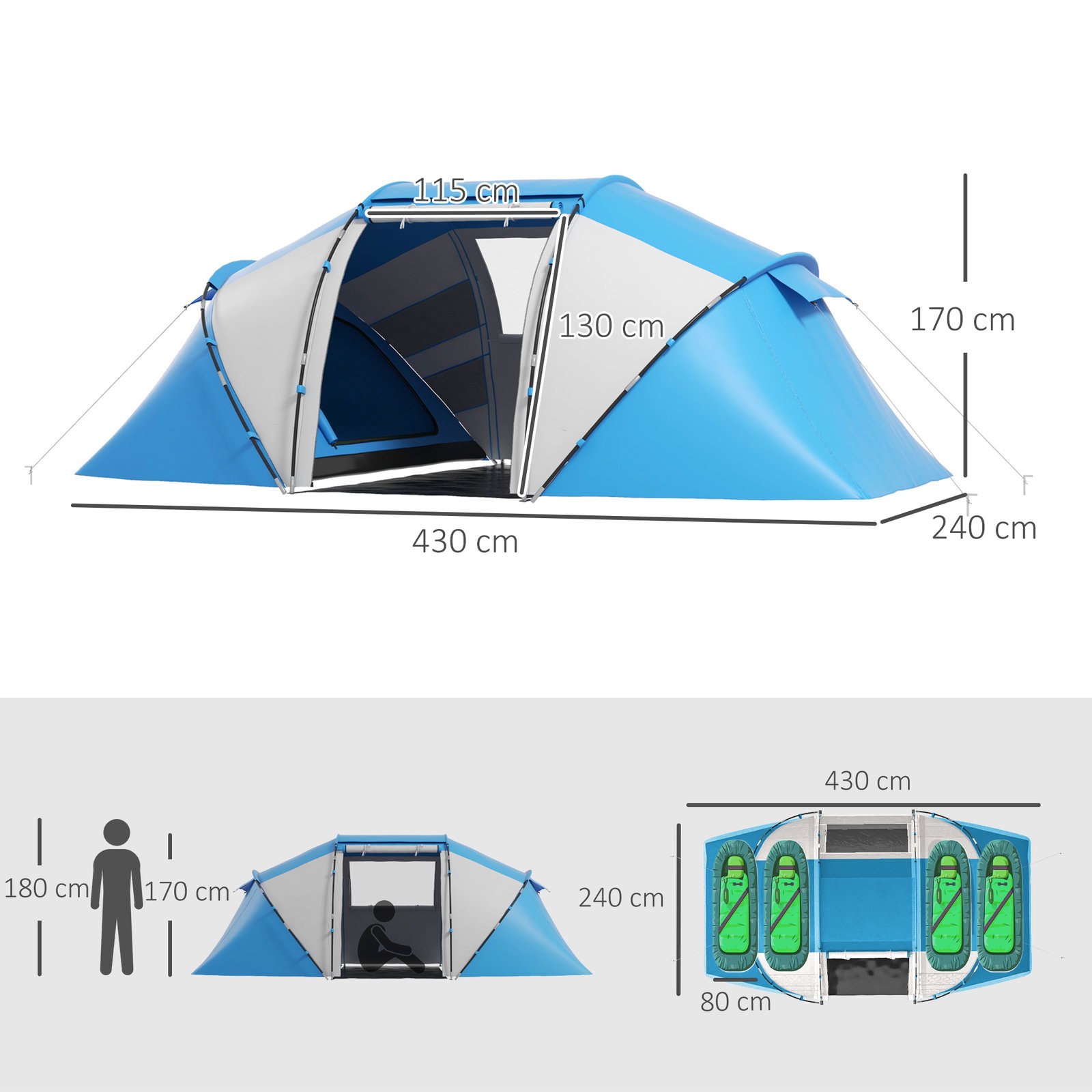 Tenda de campismo familiar para 4 pessoas tenda dobrável impermeável para praia parque 430x240x170 cm azul e branco