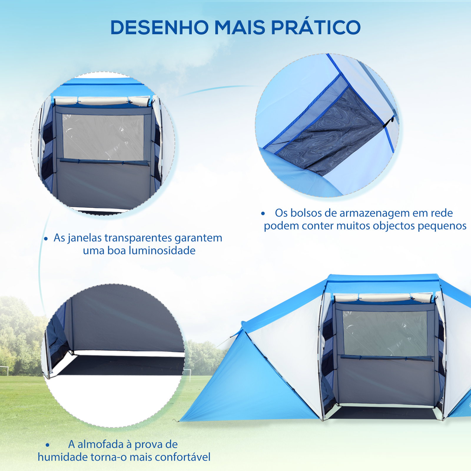 Tenda de campismo familiar para 4 pessoas tenda dobrável impermeável para praia parque 430x240x170 cm azul e branco