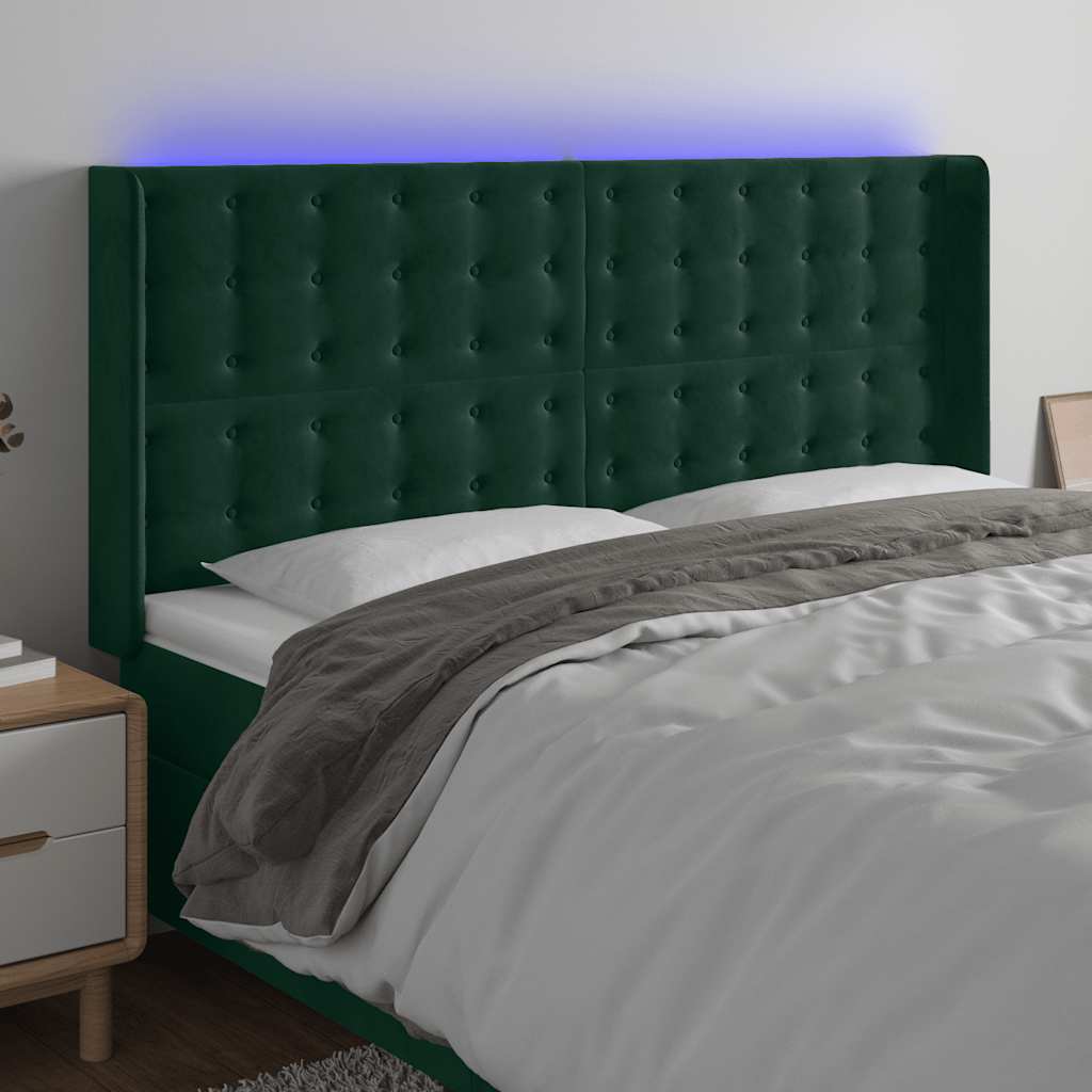 Cabeceira de cama c/ LED veludo 183x16x118/128 cm verde-escuro