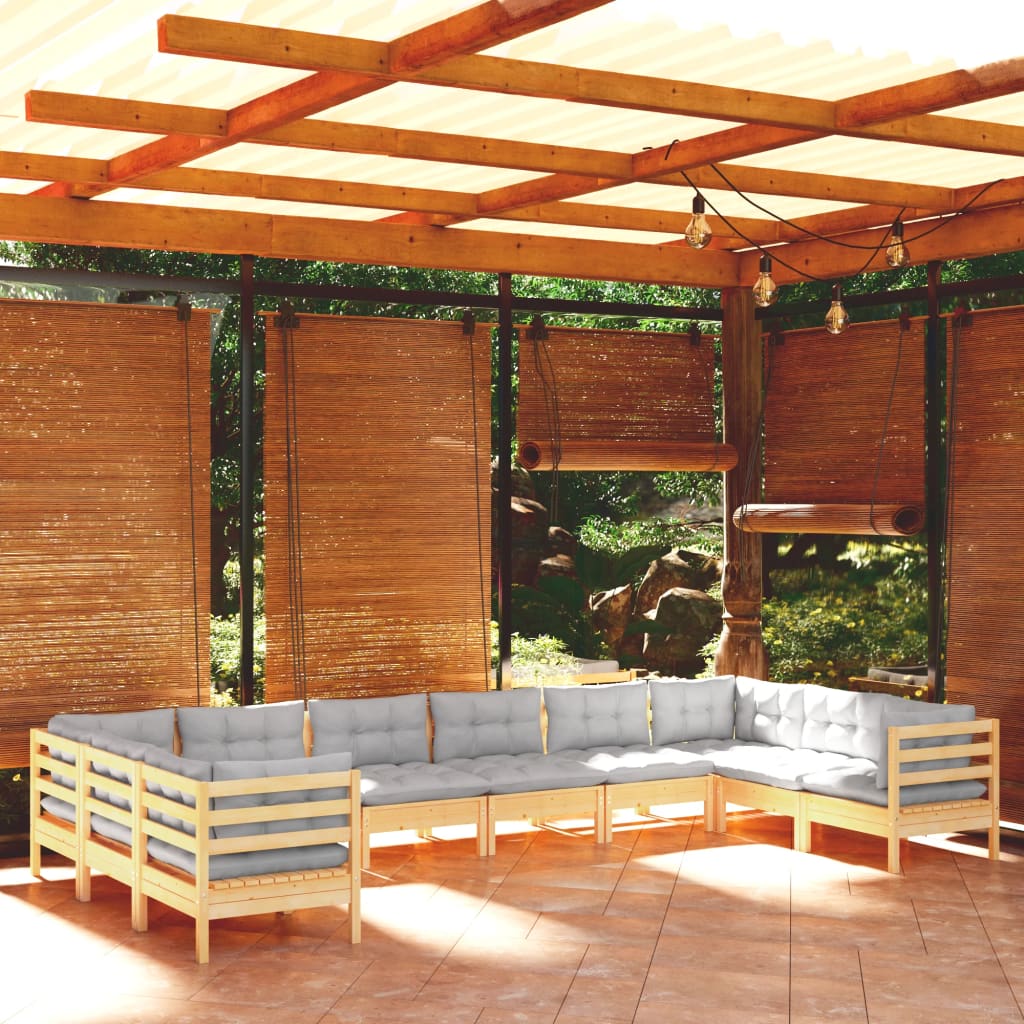 10 Pcs conjunto lounge de jardim c/ almofadões cinzentos pinho