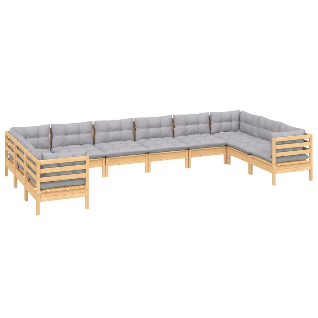10 Pcs conjunto lounge de jardim c/ almofadões cinzentos pinho