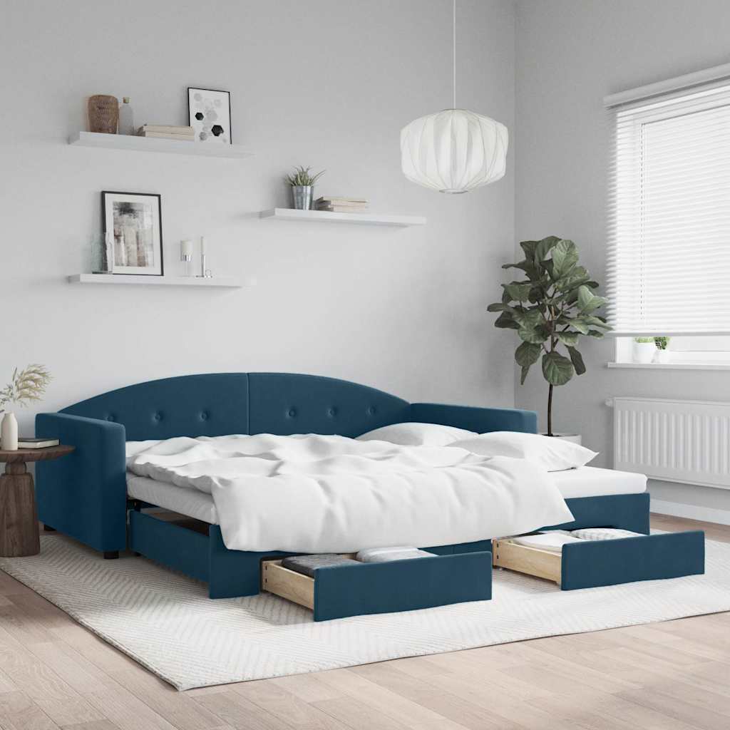 Sofá-cama com gavetão e gavetas 100x200 cm veludo azul