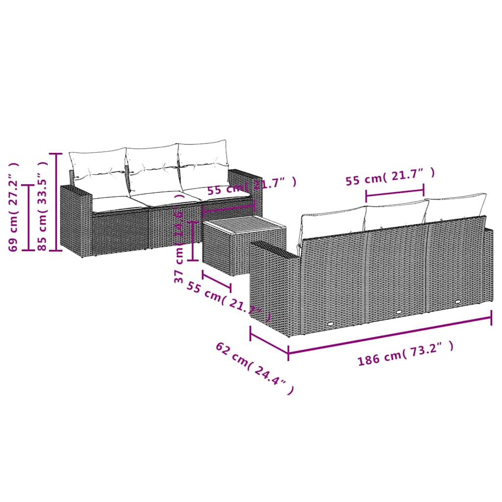 7 Pcs conjunto de sofás p/ jardim com almofadões vime PE bege