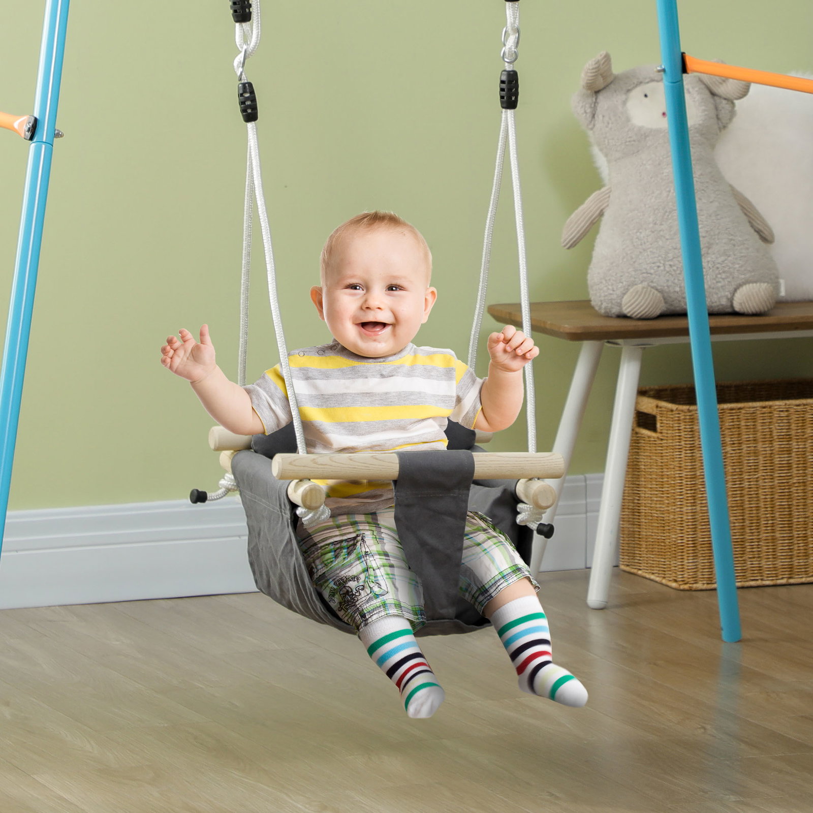 Baloiço para bebés de 9-36 meses com cordas ajustáveis e assento acolchoado 40x40x110-180 cm cinza escuro