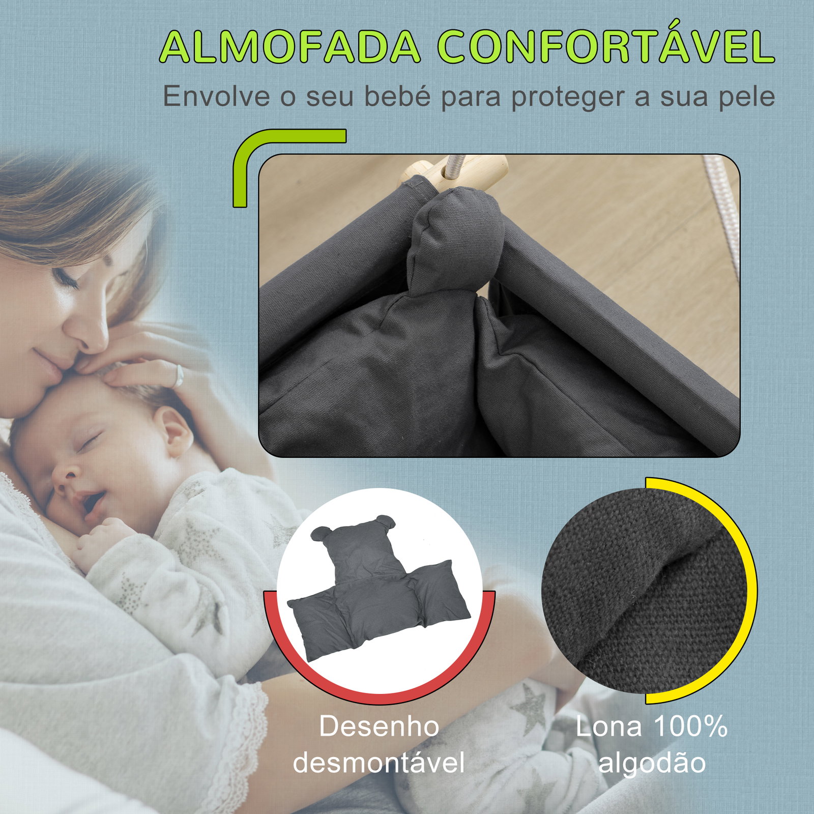 Baloiço para bebés de 9-36 meses com cordas ajustáveis e assento acolchoado 40x40x110-180 cm cinza escuro