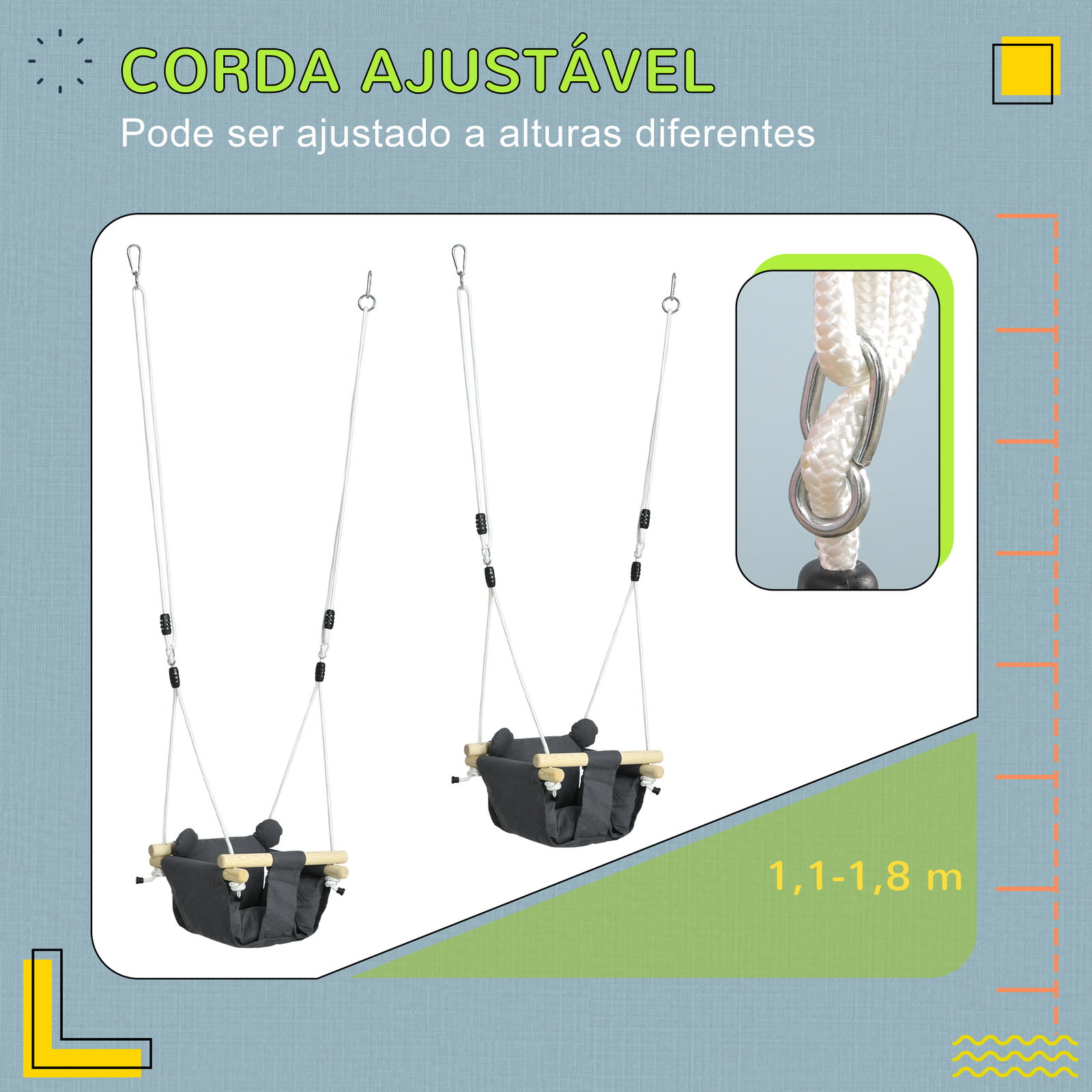Baloiço para bebés de 9-36 meses com cordas ajustáveis e assento acolchoado 40x40x110-180 cm cinza escuro