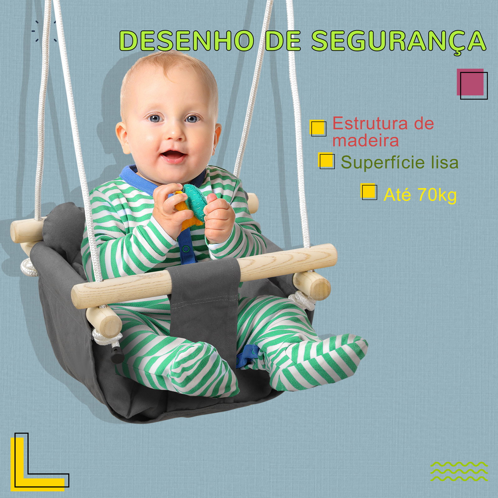 Baloiço para bebés de 9-36 meses com cordas ajustáveis e assento acolchoado 40x40x110-180 cm cinza escuro