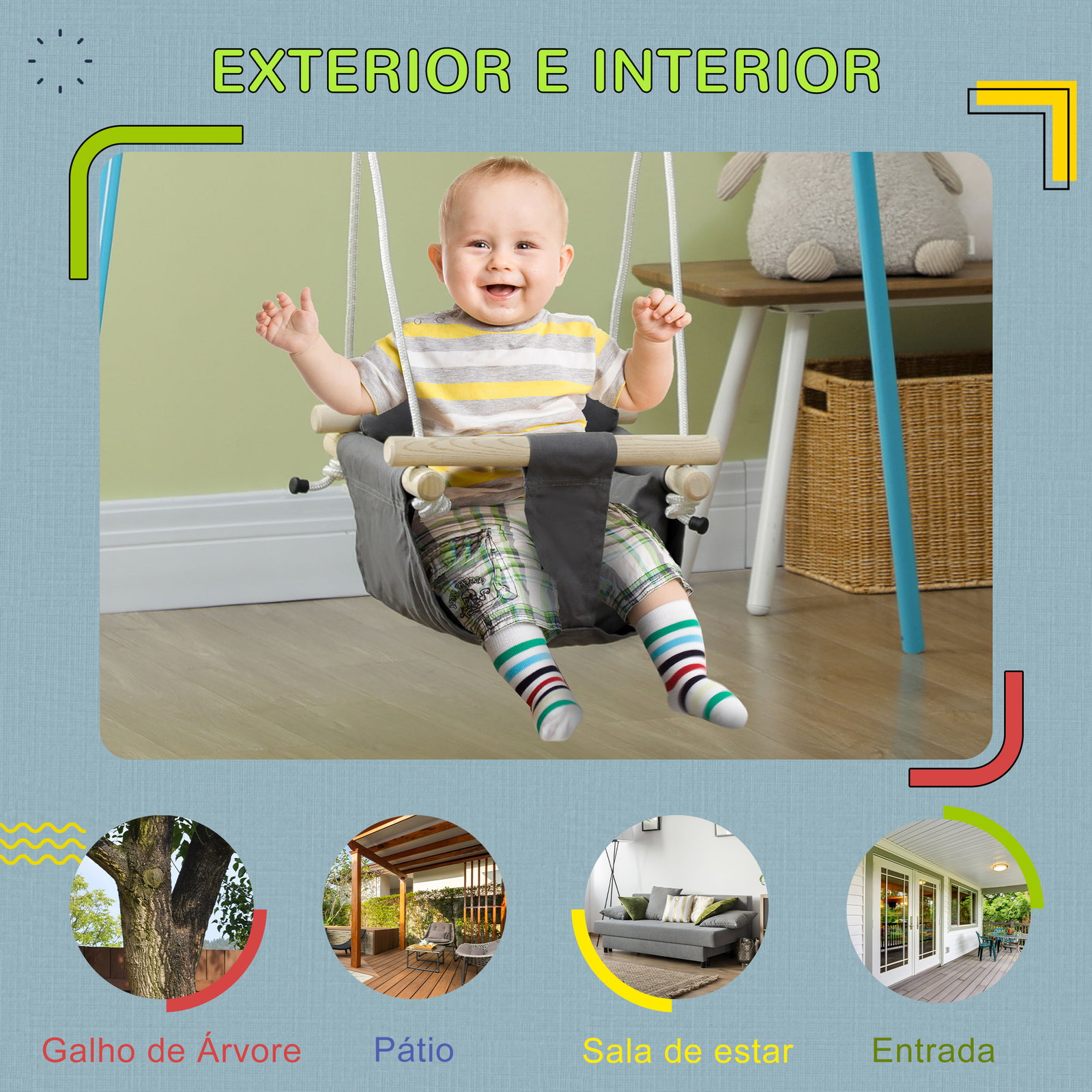 Baloiço para bebés de 9-36 meses com cordas ajustáveis e assento acolchoado 40x40x110-180 cm cinza escuro