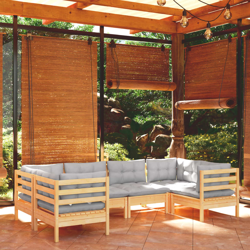 6 Pcs conjunto lounge de jardim c/ almofadões cinzentos pinho