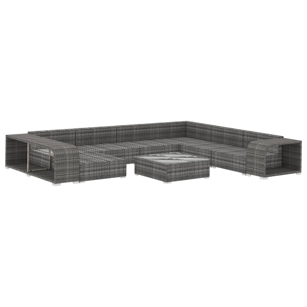 10 Pcs conjunto lounge de jardim c/ almofadões vime PE cinzento