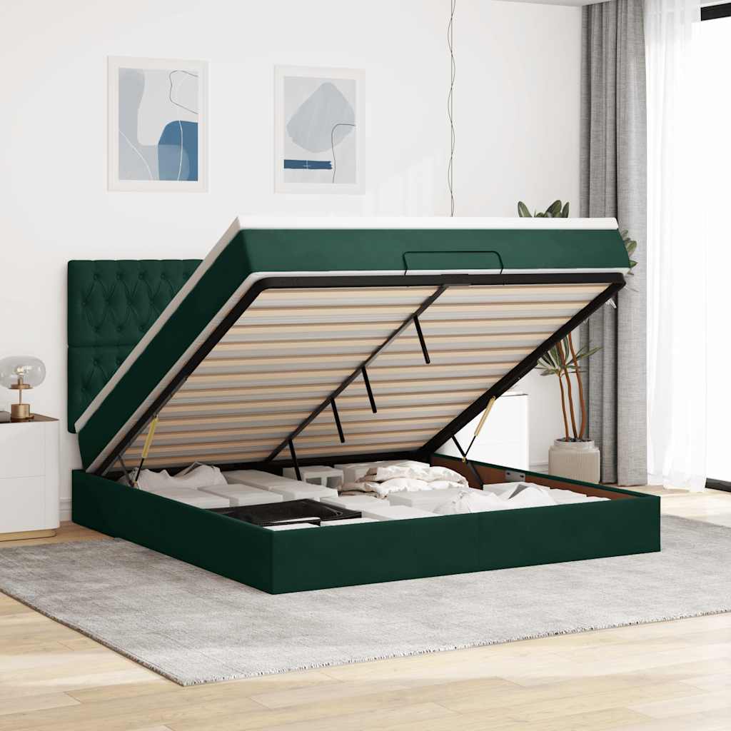 Estrutura de cama otomana com colchão verde escuro veludo